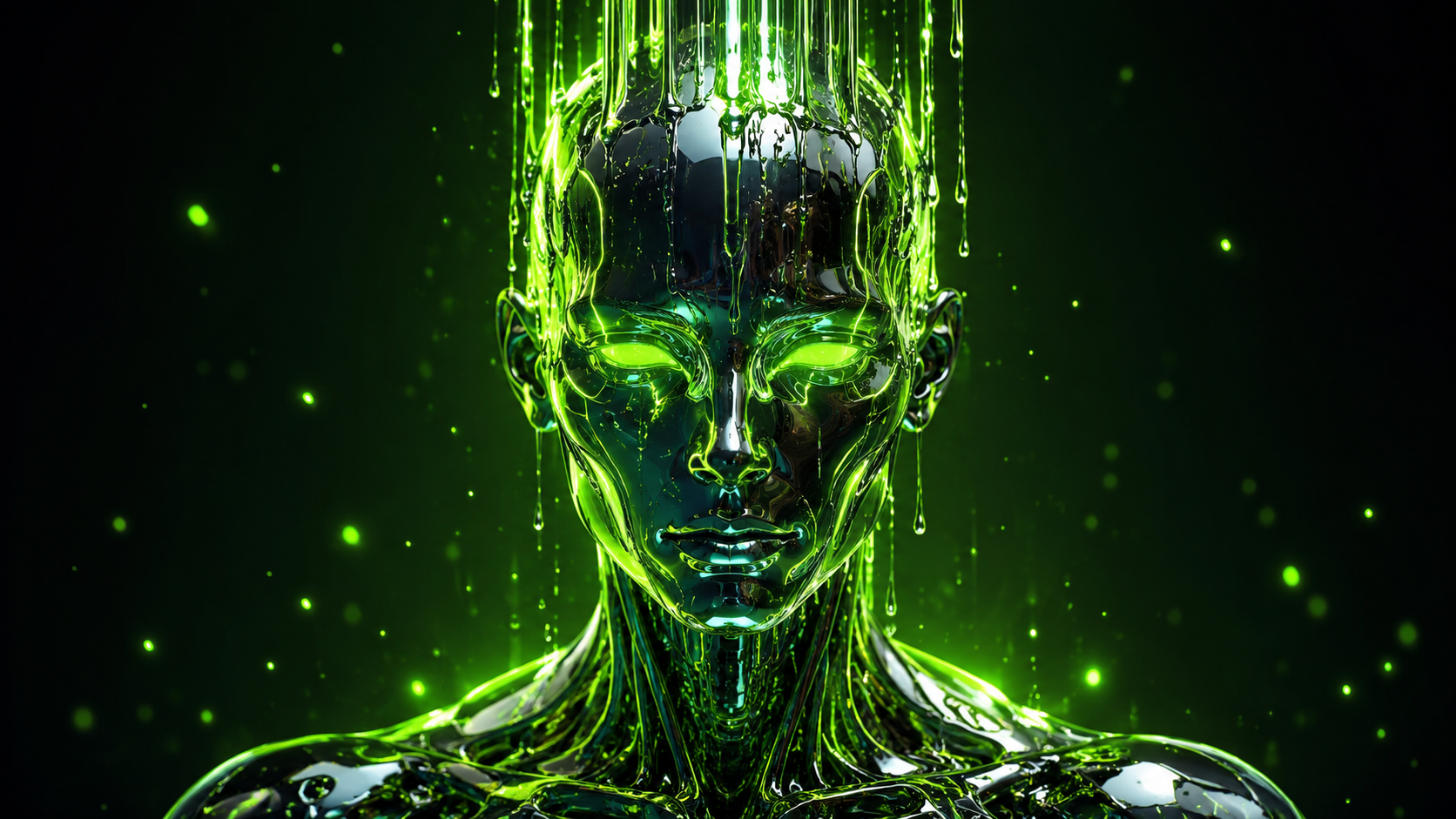 Abstract render of the Lumina Agent — a luminous, liquid-chrome AI presence with glowing green circuitry